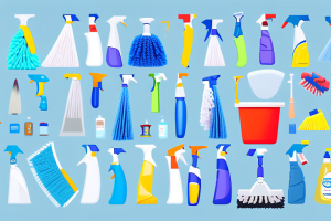 A chaotic room with various cleaning tools like a mop