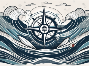 A stormy sea with a compass and a lifebuoy